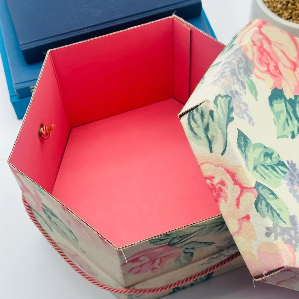 Vintage Style Floral Hexagon Hat Box Pink Rose Fabric Covered Decorative Storage